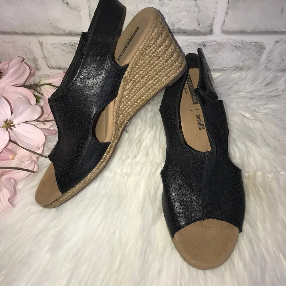Clarks Black Leather Espadrille Wedge Sandals